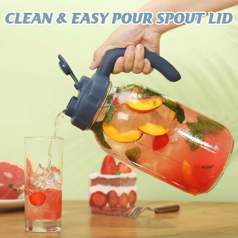 SOLIGT Glass Mason Jar Pitcher with Lid, Wide Mouth Flip Cap Pour Spout Leak-proof Lid with Handle, 64 oz (2 Quart / 1.9 Liter), for Sun Tea/Iced Tea/Juice/Cold Brew Coffee/Milk (1Pack, Hale Navy) - Image 2